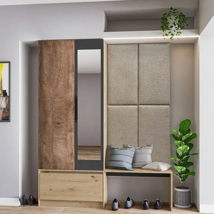 Mobile ingresso reversibile 160x202h cm con specchio scarpiera rovere chiaro Canada