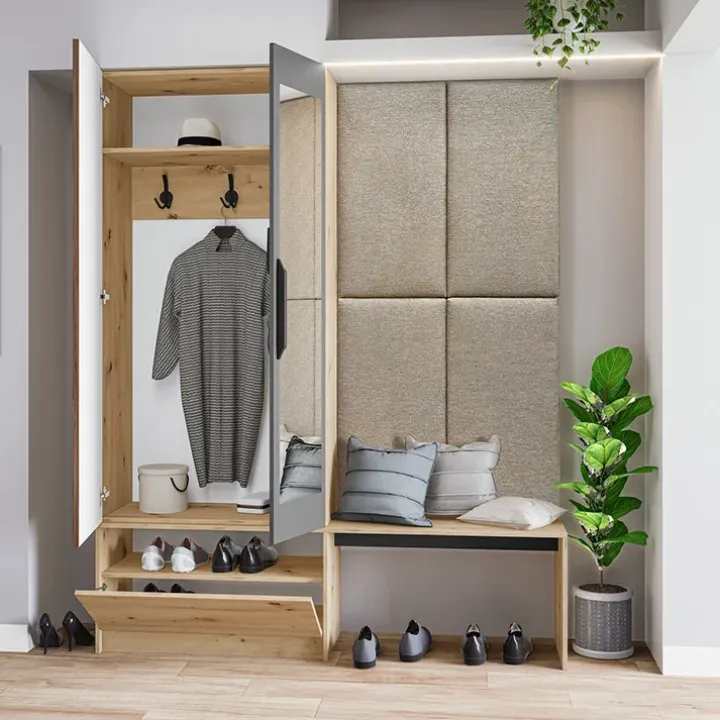 Mobile ingresso reversibile 160x202h cm con specchio scarpiera rovere chiaro Canada