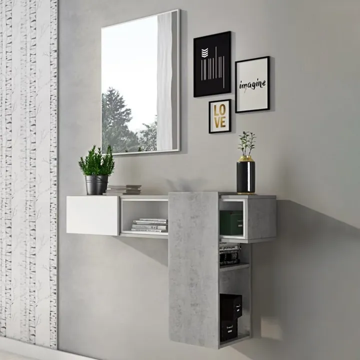 Mobile ingresso sospeso 100x185h cm con specchio bianco cemento Rich Gihome®