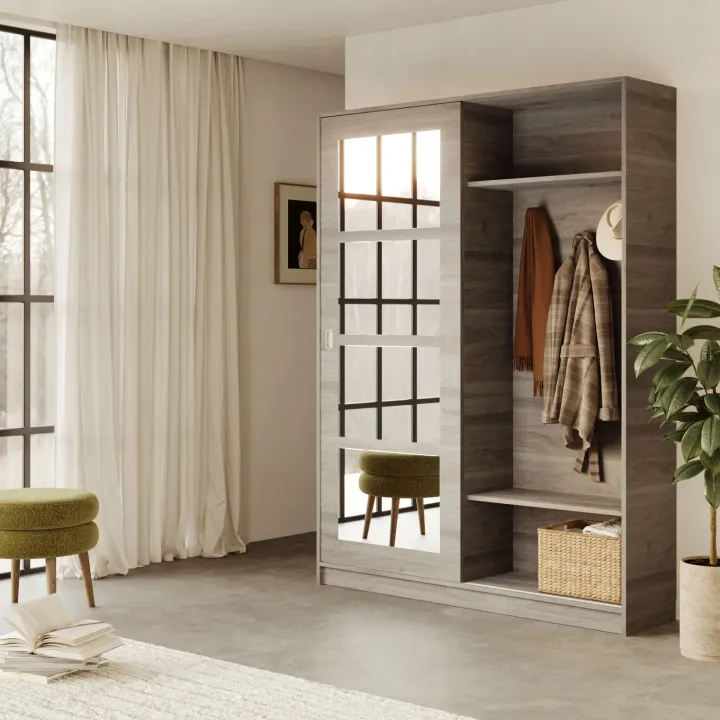 Mobile ingresso 150x200h cm anta scorrevole e specchio rovere naturale Sajama