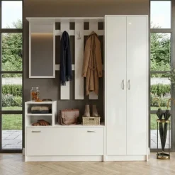 Mobile ingresso 155x190h cm appendiabiti scarpiera con specchio bianco lucido Atlanta