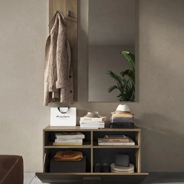 Mobile ingresso 91x174h cm con scarpiera e specchio moderno rovere scuro Alvarez