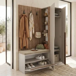 Mobile ingresso 160x189h cm con scarpiera e appendiabiti rovere scuro beige cashmere Karpathos