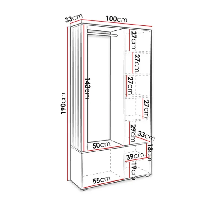 Mobile ingresso 100x190h cm con specchio bianco nero Umea
