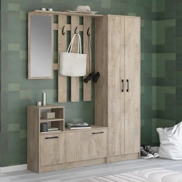 Mobile ingresso155x190h cm con specchio appendiabiti e scarpiera rovere Atlanta