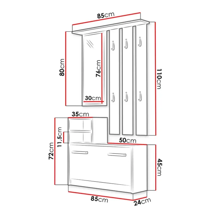 Mobile ingresso 85x180h cm con specchio scarpiera rovere Bergen