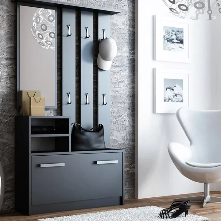 Mobile ingresso 85x180h cm con specchio scarpiera nero Bergen