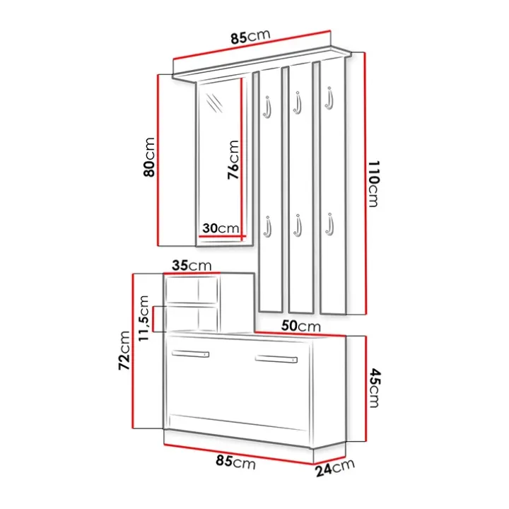 Mobile ingresso 85x180h cm con specchio scarpiera nero Bergen