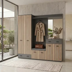 Mobile ingresso 180x203h cm con specchio e appendiabiti rovere rustico antracite stampa a righe California 3 Gihome®