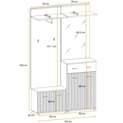 Mobile ingresso 120x203h cm con specchio e appendiabiti rovere rustico antracite stampa a righe California 2 Gihome®