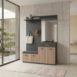 Mobile ingresso 120x203h cm con specchio e appendiabiti rovere rustico antracite stampa a righe California 2 Gihome®