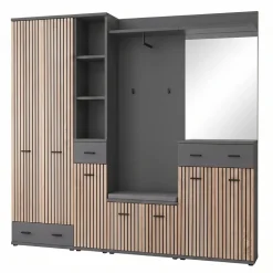 Mobile ingresso 210x203h cm con specchio e appendiabiti rovere rustico antracite stampa a righe California 4 Gihome®