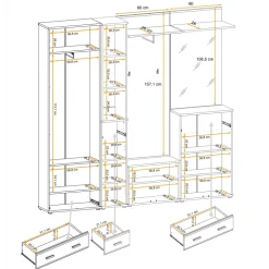 Mobile ingresso 210x203h cm con specchio e appendiabiti rovere rustico antracite stampa a righe California 4 Gihome®