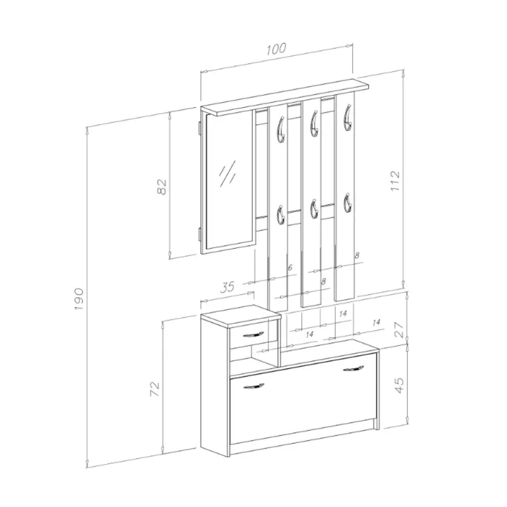 Mobile ingresso 100x190h cm moderno bianco opaco rovere Thomas