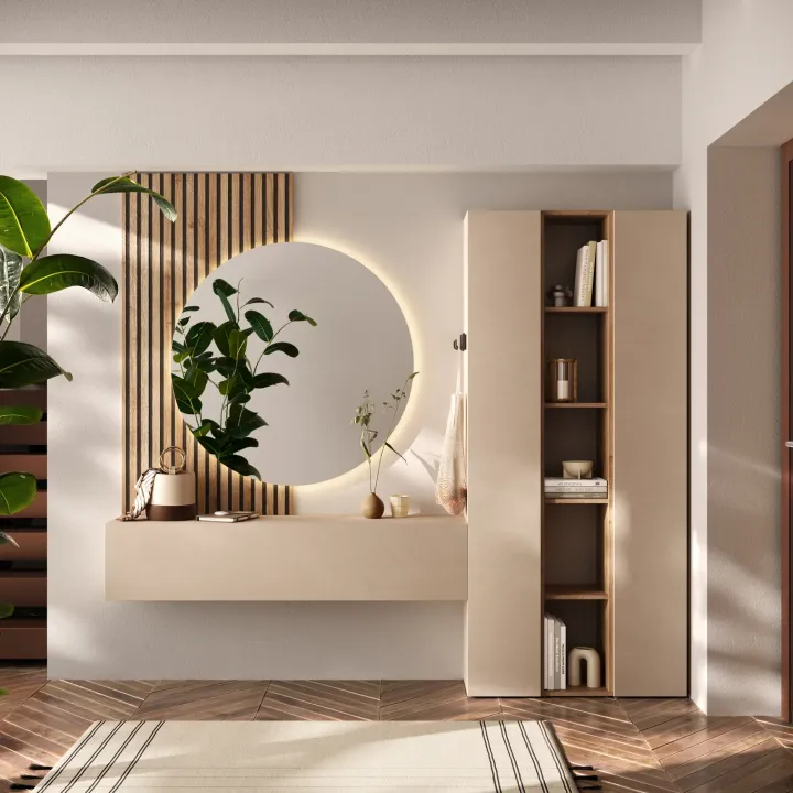 Mobile ingresso 222x240h cm pannello cannettato beige cashmere rovere chiaro Sunset Decor 1017