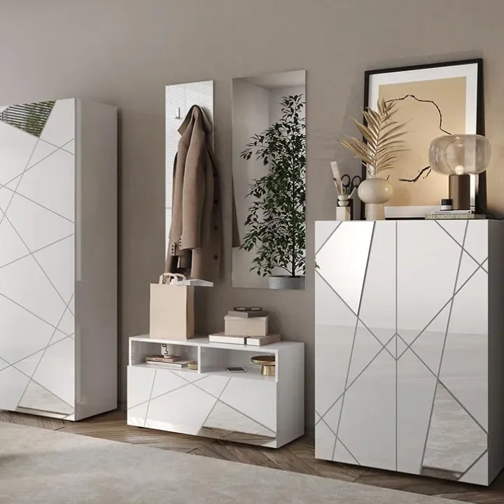 Mobile multiuso ingresso 60x185h cm appendiabiti bianco lucido specchio Olimpo