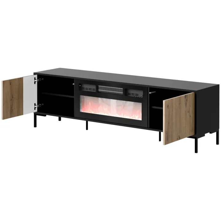 Mobile porta TV moderno 180x54h cm con camino elettrico rovere nero Duble