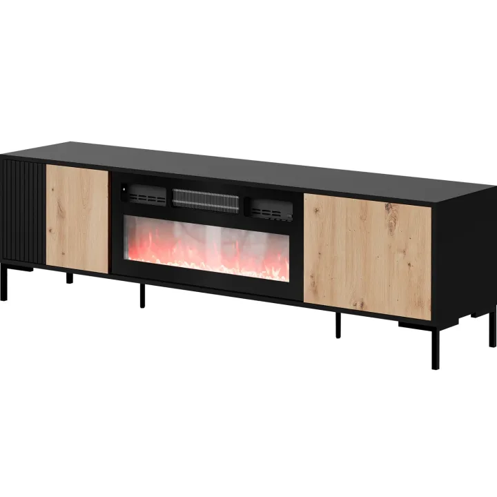 Mobile porta TV moderno 180x54h cm con camino elettrico rovere nero Duble