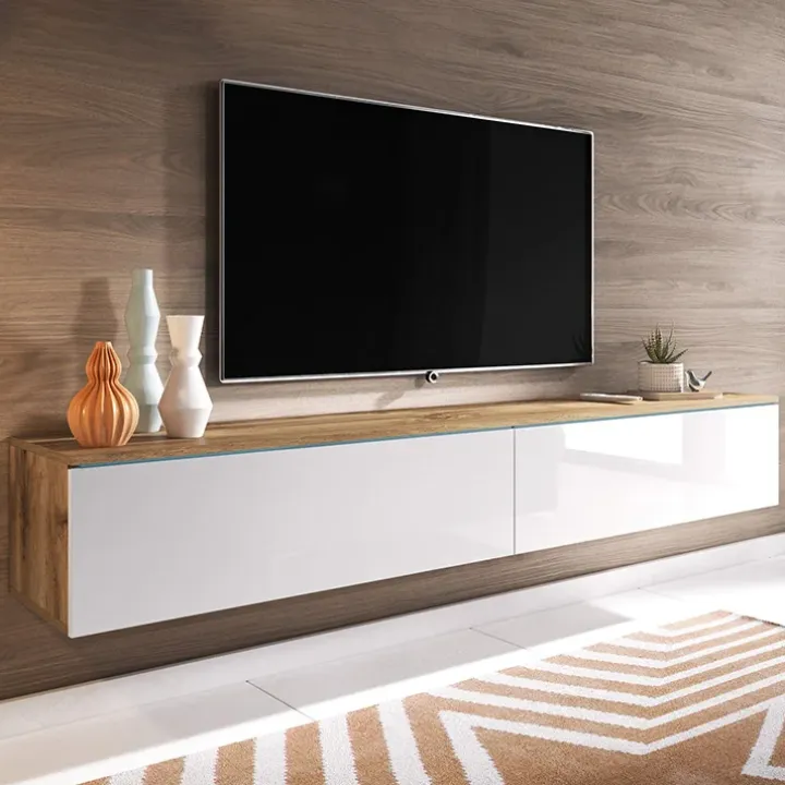 Mobile porta TV sospeso 180x30h cm 2 ante design bianco lucido rovere Silvia