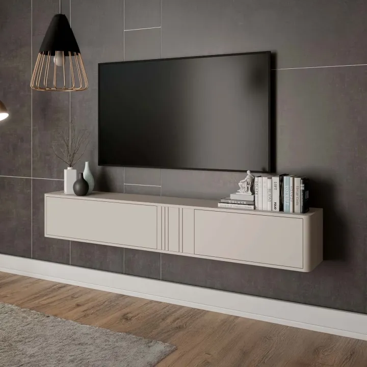 Mobile porta TV sospeso 190x30h cm 2 ante a ribalta beige cashmere Bellagio