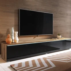 Mobile porta TV sospeso 180x30h cm con LED nero lucido rovere Silvia