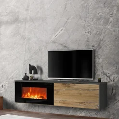 Mobile porta TV sospeso 180x45h cm con camino elettrico rovere antico antracite Botticelli