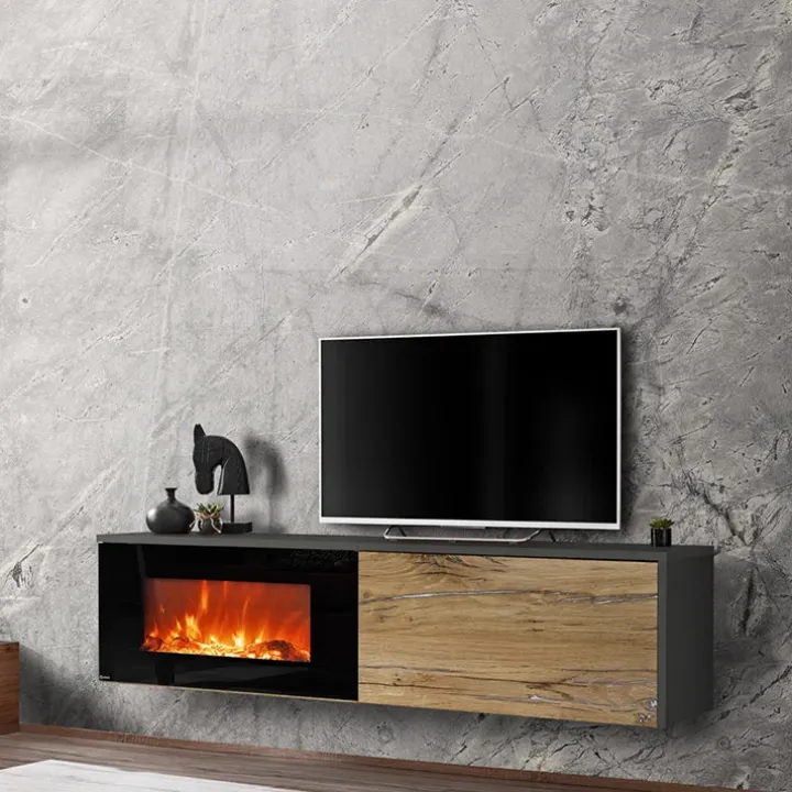 Mobile porta TV sospeso 180x45h cm con camino elettrico rovere antico antracite Botticelli
