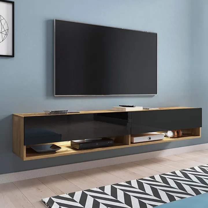 Mobile porta TV sospeso 180x30h cm con LED rovere nero Gregoria