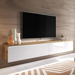Mobile porta TV sospeso 180x30h cm con LED design bianco lucido rovere Silvia