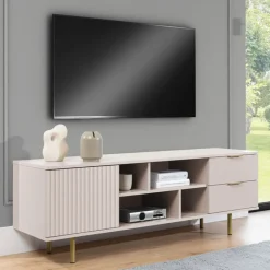 Mobile porta tv 150x52h cm 1 anta 2 cassetti cannettato moderno beige Vanessa