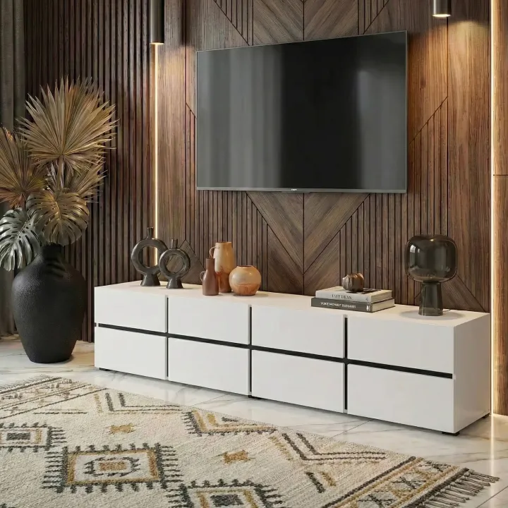 Mobile porta TV 225x48h cm 4 ante a ribalta 4 cassetti moderno bianco opaco nero Lolla