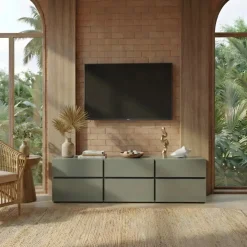 Mobile porta TV 180x48h cm 3 ante a ribalta 3 cassetti verde nero Lolla