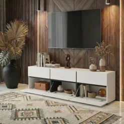 Mobile porta TV 180x48h cm 3 ante a ribalta 3 cassetti bianco opaco nero Lolla