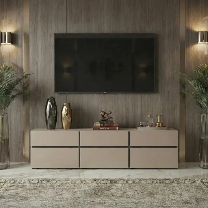 Mobile porta TV 180x48h cm 3 ante a ribalta 3 cassetti tortora nero Lolla