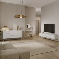 Mobile porta TV 200x51h cm 2 ante a ribalta bianco opaco cannettato Ramis