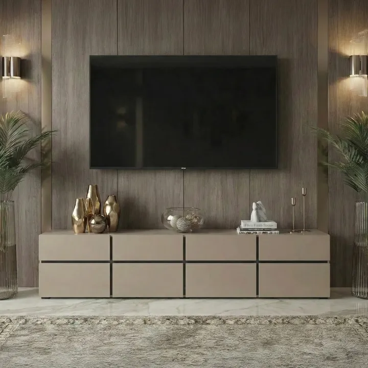 Mobile porta TV 225x48h cm 4 ante a ribalta 4 cassetti moderno tortora nero Lolla