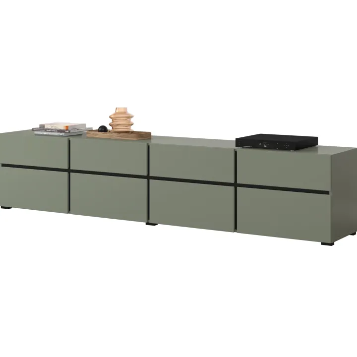 Mobile porta TV 225x48h cm 4 ante a ribalta 4 cassetti moderno verde nero Lolla