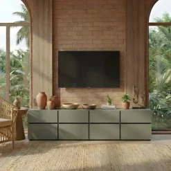 Mobile porta TV 225x48h cm 4 ante a ribalta 4 cassetti moderno verde nero Lolla