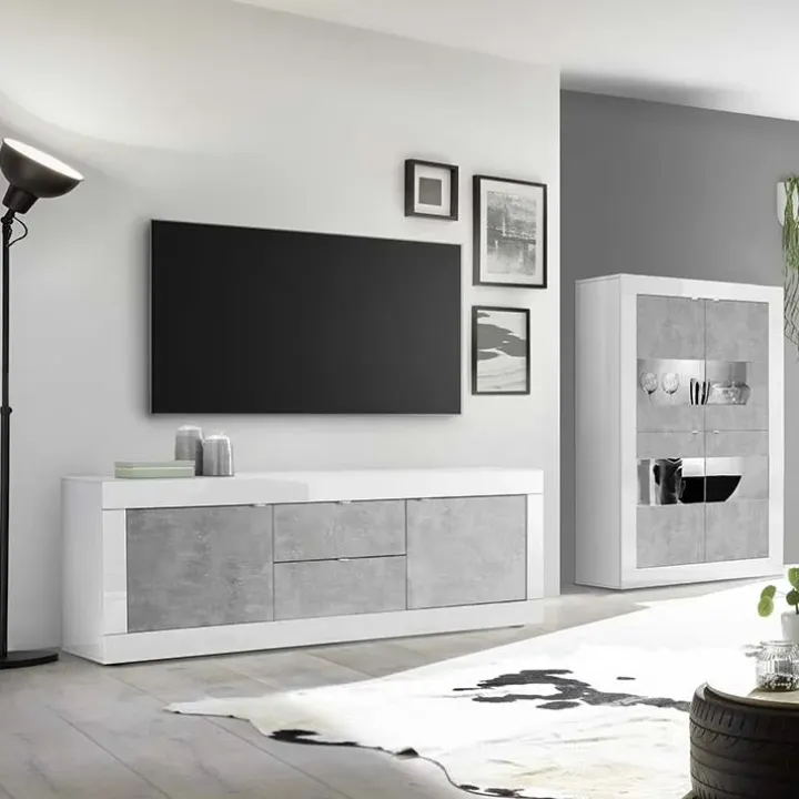 Mobile porta TV 210x66h cm 2 ante 2 cassetti bianco lucido cemento Eternity