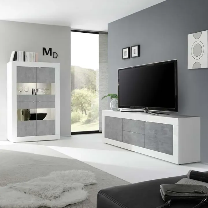 Mobile porta TV 210x66h cm 2 ante 2 cassetti bianco lucido cemento Eternity
