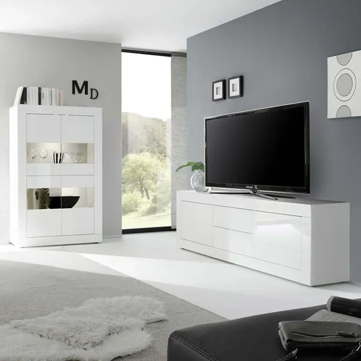 Mobile porta TV 210x66h cm 2 ante 2 cassetti bianco lucido Eternity