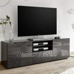 Mobile porta TV 181x57h cm 2 ante 1 cassetto soggiorno grigio laccato lucido Paradise