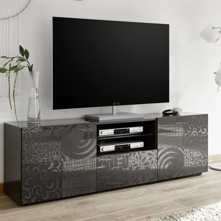 Mobile porta TV 181x57h cm 2 ante 1 cassetto soggiorno grigio laccato lucido Paradise