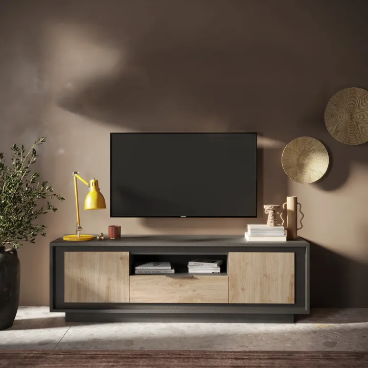 Mobile porta TV 184x58h cm 2 ante 1 cassetto antracite rovere chiaro Deluxe