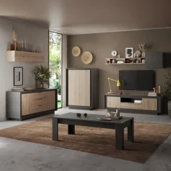 Mobile porta TV 184x58h cm 2 ante 1 cassetto antracite rovere chiaro Deluxe
