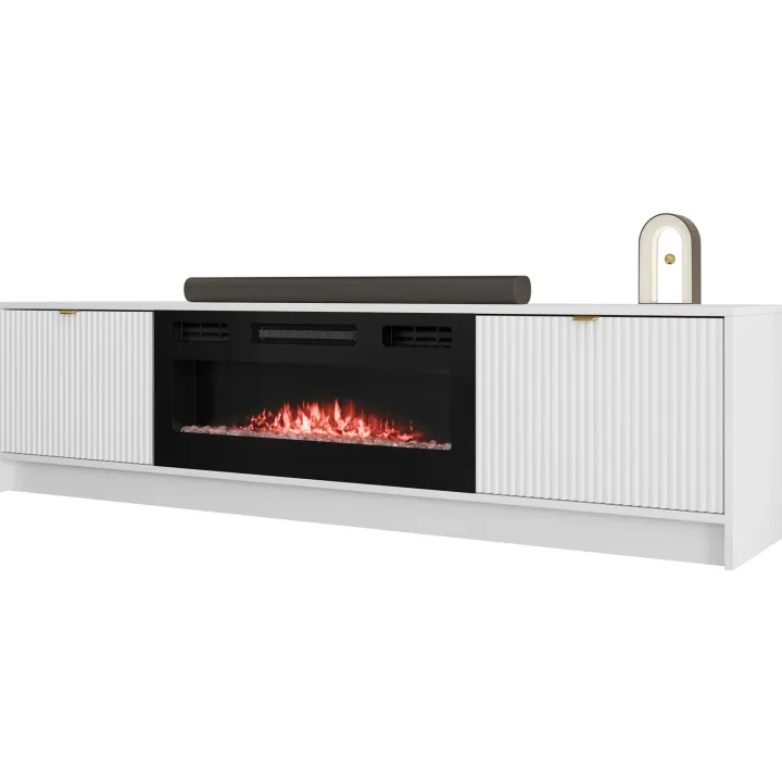 Mobile porta TV 182x48h cm 2 ante con caminetto elettrico bianco cannettato nero Athena