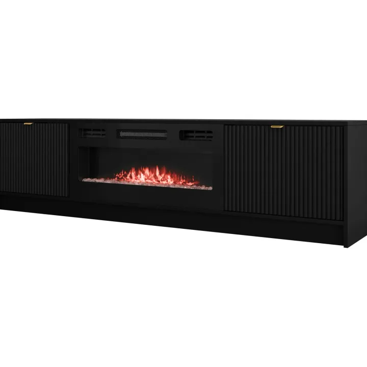 Mobile porta TV 182x48h cm 2 ante con caminetto elettrico nero cannettato Athena