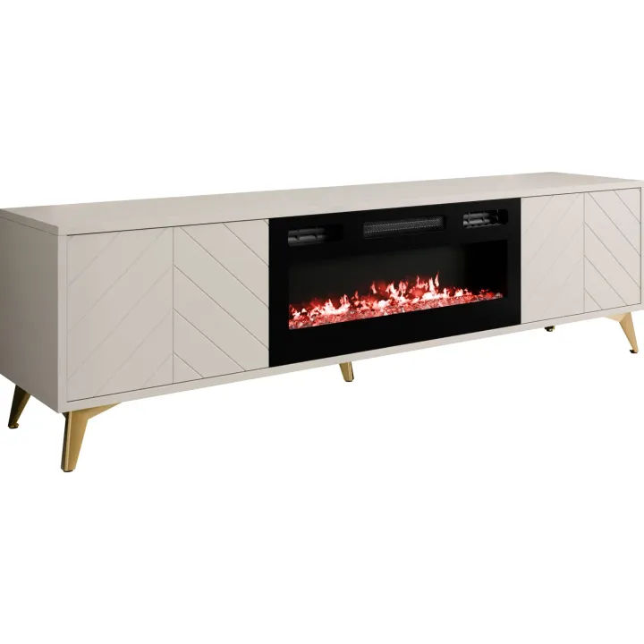 Mobile porta TV 184x53h cm 2 ante con caminetto elettrico frontali serigrafati beige nero Miriam