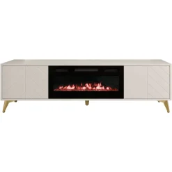 Mobile porta TV 184x53h cm 2 ante con caminetto elettrico frontali serigrafati beige nero Miriam