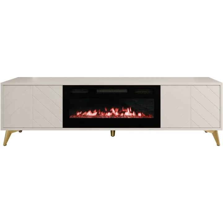 Mobile porta TV 184x53h cm 2 ante con caminetto elettrico frontali serigrafati beige nero Miriam